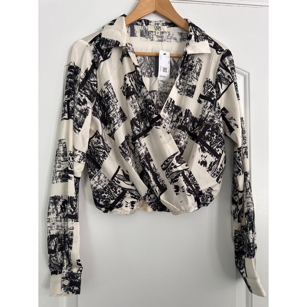 NWT Steps New York Cream and Black Wrap Blouse Size Medium